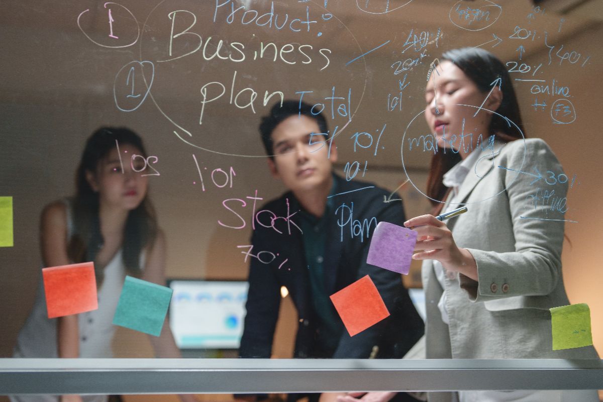 Executive team planning market-responsive C-level hiring strategies on a glass board