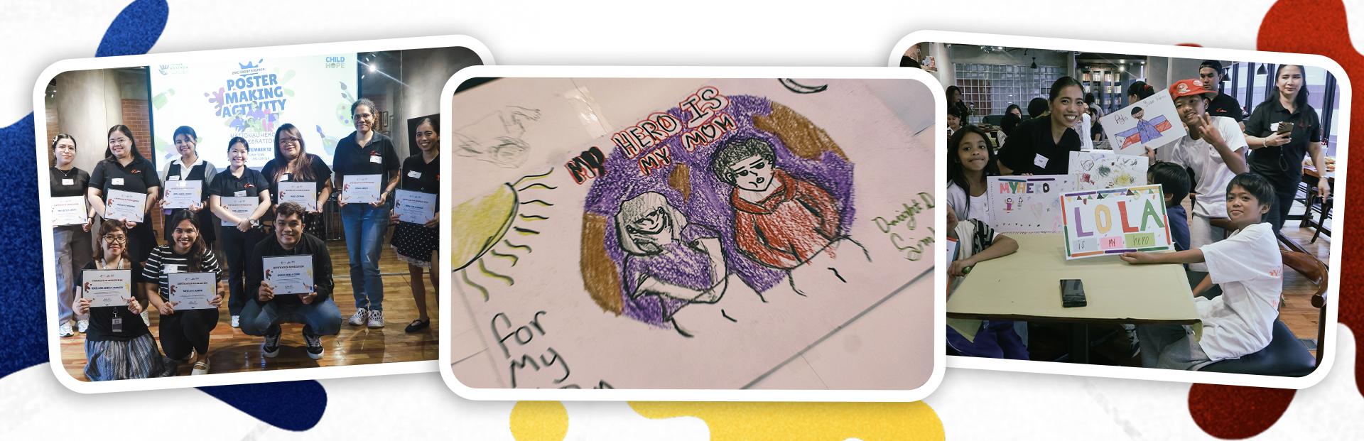 Children creating posters for National Heroes Day with ZMG Group volunteers